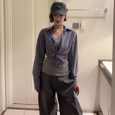 韩系时尚格纹拼接假两件长袖衬衫女装春季穿搭修身显瘦设计感上衣