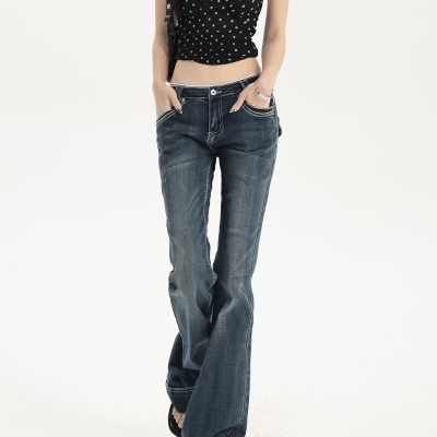 辣妹低腰牛仔裤设计感拖地微喇裤