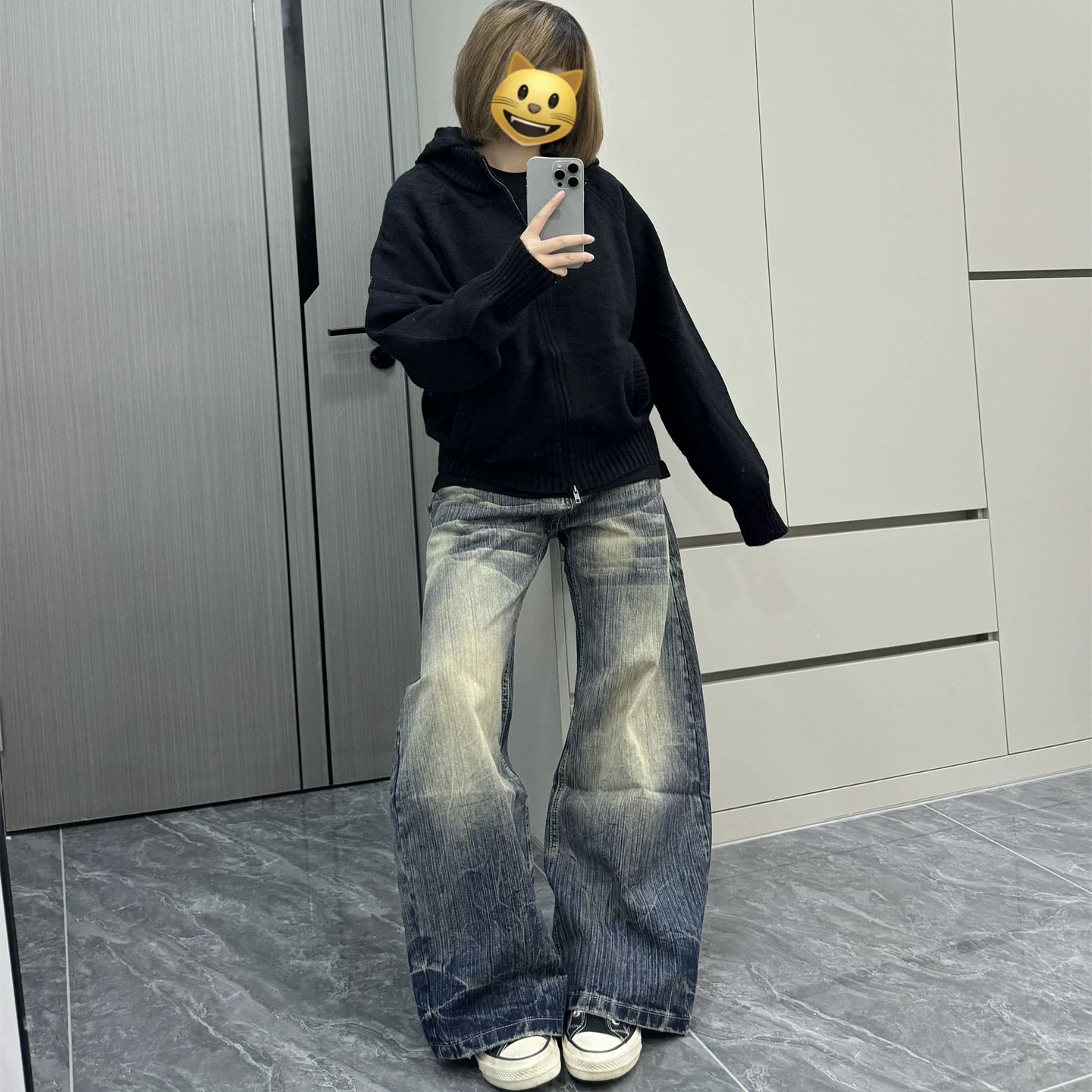 美式复古水洗折痕猫须弯刀牛仔裤