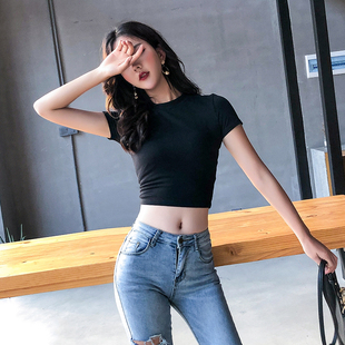 黑色半高领短袖t恤女夏季纯棉打底衫辣妹紧身高腰短款露脐上衣潮