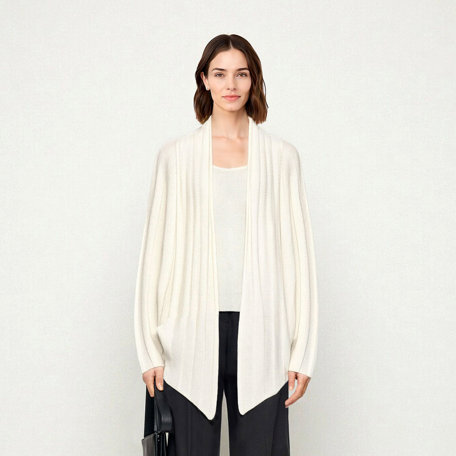 伦敦极简风针织开衫女长袖中长款外套宽松蝙蝠袖优雅白色毛衣