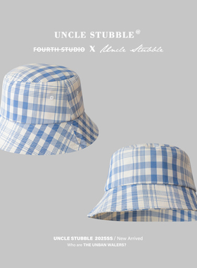 韩版素颜遮脸渔夫帽小清新蓝白格纹盆帽显脸小休闲百搭遮阳帽子女