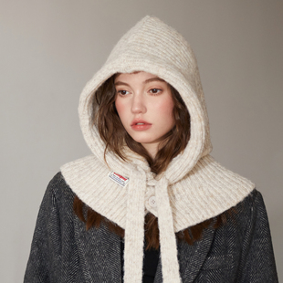 日系米色巴拉克拉法帽秋冬时髦围脖帽子一体针织保暖学生护耳帽子