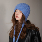 冬季 蓝色显白针织雷锋帽女韩系洋气毛线帽防寒保暖护耳包头帽冷帽