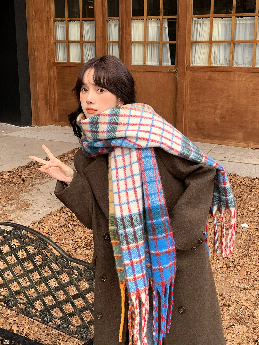 胡茬叔叔冬季格子流苏围巾男女