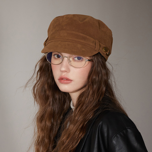 韩版高级感时髦海军帽女复古鹿皮绒显瘦气质平顶帽子马术帽秋冬天