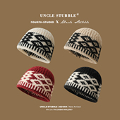 复古菱形提花针织渔夫帽韩国小众设计款 毛线帽防寒护耳套头帽冬季