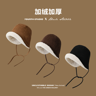 冬季加绒加厚保暖渔夫帽复古麂皮绒护耳雷锋帽宽檐显脸小盆帽男女