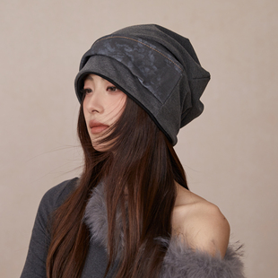 灰色时髦包头帽女生秋冬潮流街头堆堆帽护耳保暖套头帽子慵懒辣妹