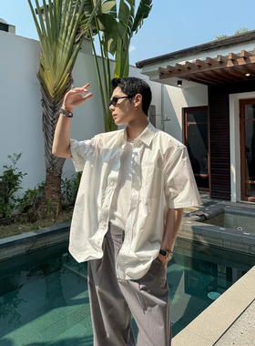 DBWDoublewin随性 铝丝DIY纯色褶皱短袖衬衫外套男学院风宽松衬衣