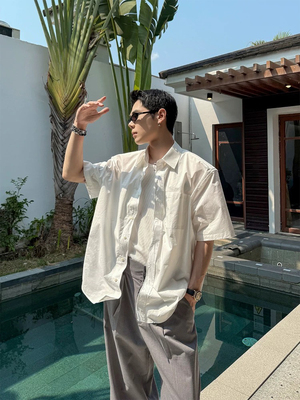 DBWDoublewin随性 铝丝DIY纯色褶皱短袖衬衫外套男学院风宽松衬衣