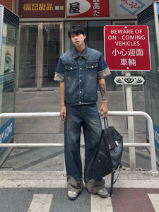 美式复古水洗拼接牛仔男夏季潮牌宽松休闲百搭垫肩短袖牛仔裤套装