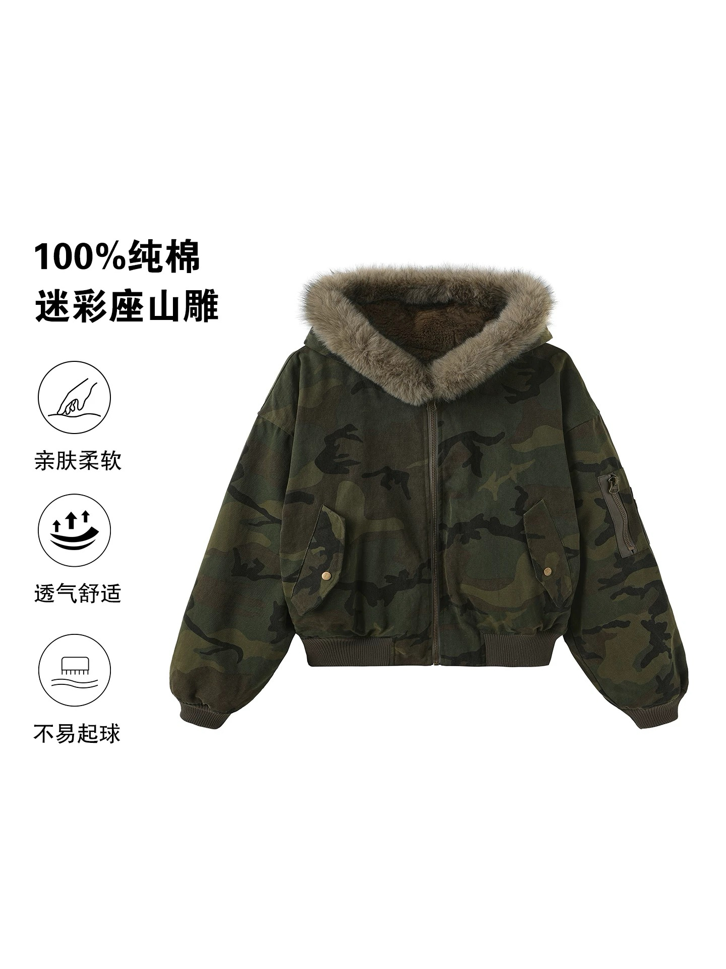 美式复古双面穿仿兔绒座山雕毛领N2B迷彩外套冬季加厚cleanfit潮