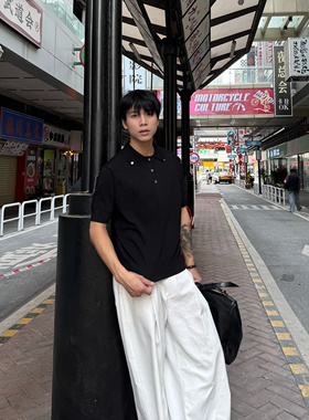 美式复古小众简约Polo领短袖透气轻薄宽松T恤纽扣设计感百搭休闲