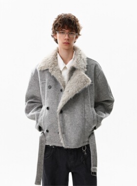 MRNEARLY美式双排扣毛绒呢子冬季加厚棉衣男绑带小众毛领棉服外套