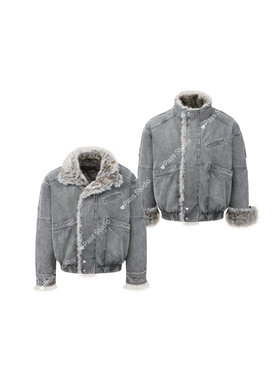 「裁片拼接 座山雕」水洗复古毛领牛仔棉服短款飞行员保暖外套