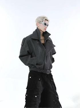 TURNTID小众复古立体解构双层领短款机车夹克简约宽松呢子外套潮
