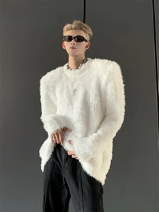 小众高级氛围感慵懒仿水貂毛针织毛衣男廓形纯色软糯宽松上衣潮