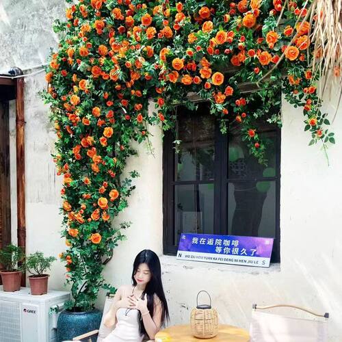 仿真玫瑰花仿真花藤条墙面塑料装饰藤蔓空调管道客厅假花缠绕遮挡