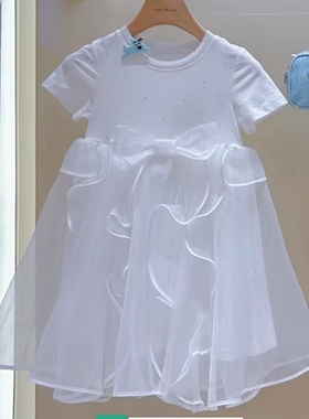 mini peace太平鸟 2026夏季新品女童圆领高腰白色连衣裙F2FAG2167