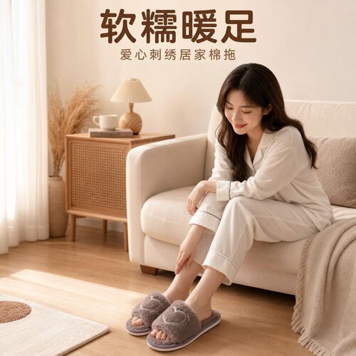 秋冬情侣爱心毛绒防滑软底棉拖