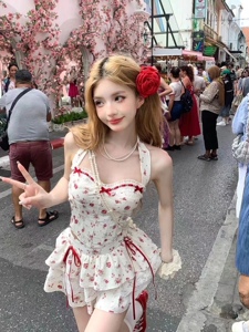 新款甜美纯欲  连衣裙夏  挂脖式碎花萝莉风格店长推荐 套装