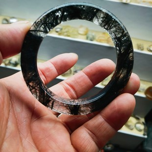 天然黑发晶原石手镯圆条圈口51.5条宽11.5重48克