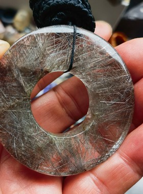 天然银发晶原石吊环吊坠挂件平安扣直径55.5内经24.1重56.7克