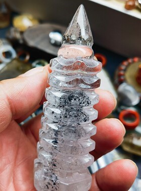 天然绿幽灵水晶原石雕刻文昌塔七层客厅书房居家装饰重92.3克