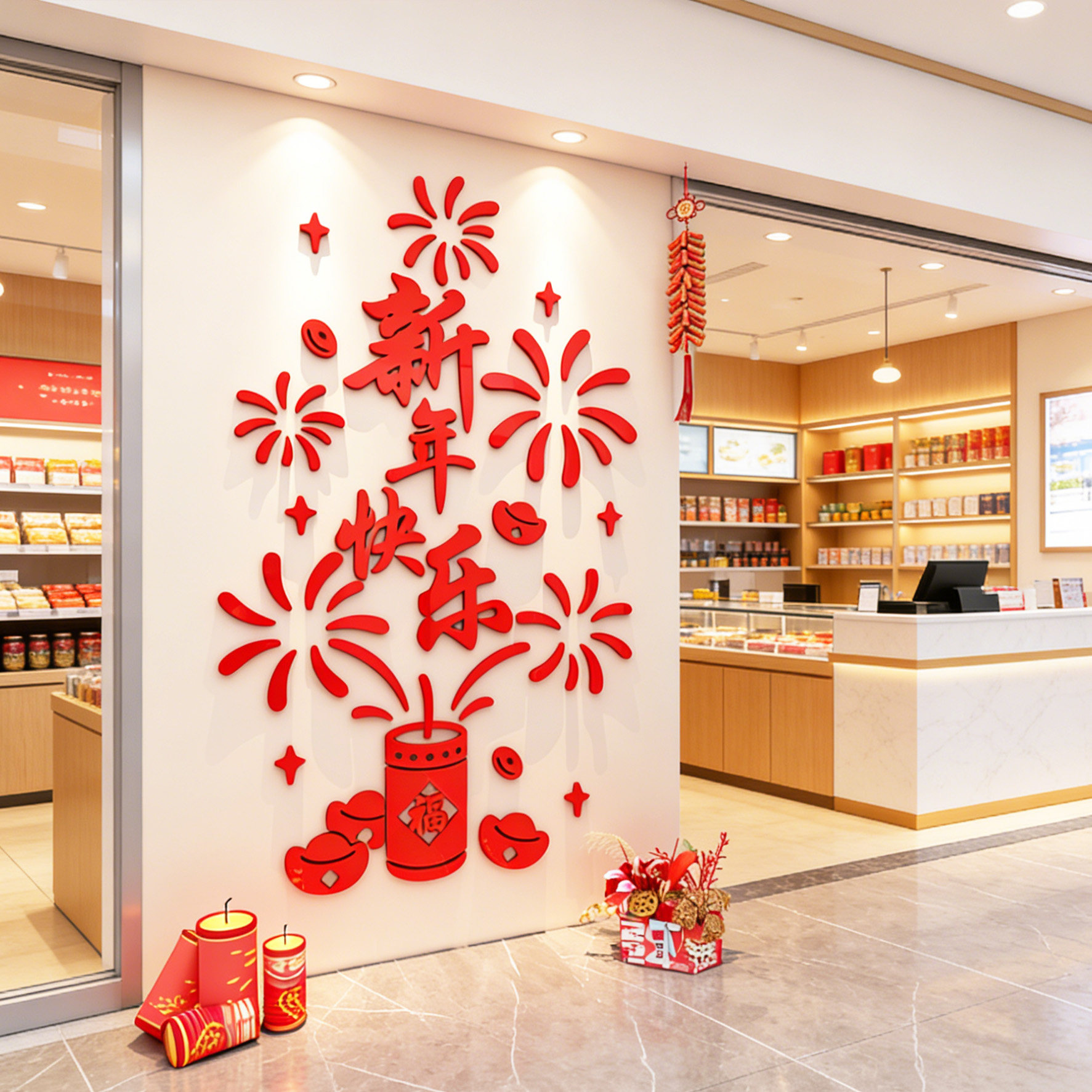 2026春节商铺场墙面装饰奶茶店面布置成品贴画新年快乐主题打卡墙,家居饰品,文化墙贴,淘宝优惠券,粉丝福利购,淘宝优惠卷