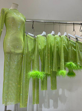 时尚雅妮欧洲站奢华网钻水钻羽毛长袖上衣半身裙全镶钻连衣裙长裤