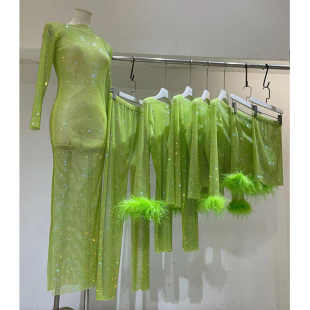 时尚雅妮欧洲站奢华网钻水钻羽毛长袖上衣半身裙全镶钻连衣裙长裤