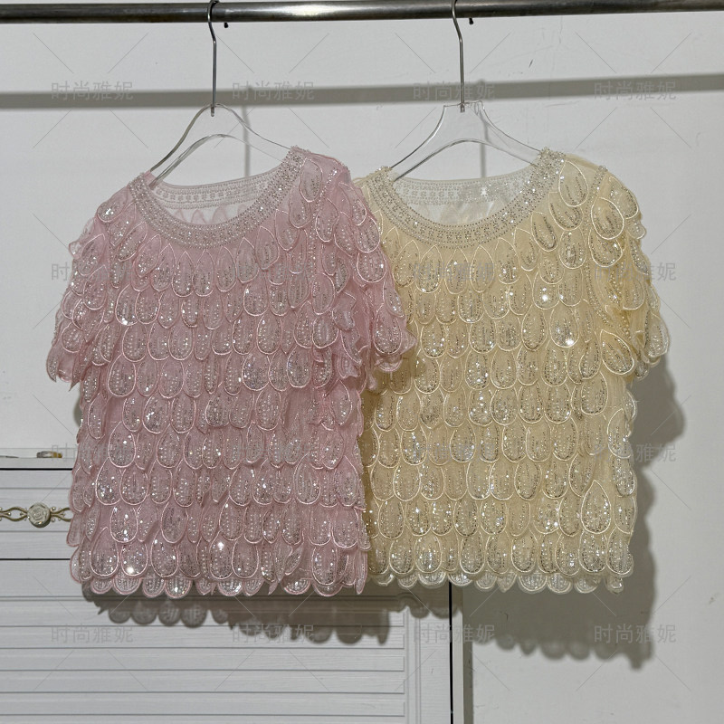 时尚雅妮蕾丝短袖上衣女夏珍珠亮片钉珠百搭修身显瘦潮流气质小衫