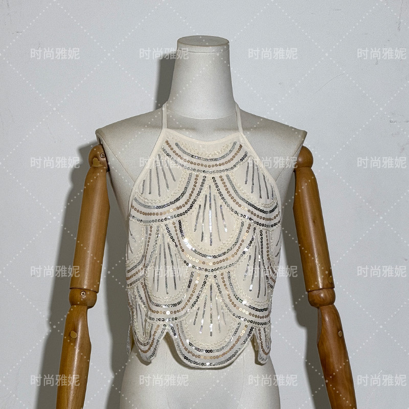 时尚雅妮新款绑带名媛挂脖吊带背心露背无袖小香风亮片钉珠上衣潮