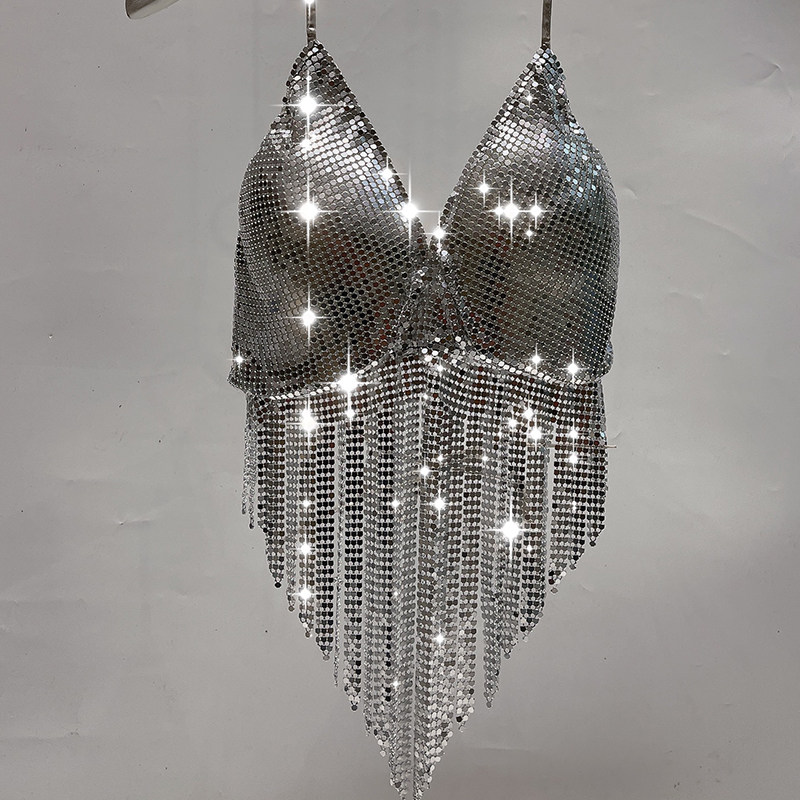 时尚雅妮超重工性感金属铝片闪亮片文胸上衣夜场钢管舞流苏演出