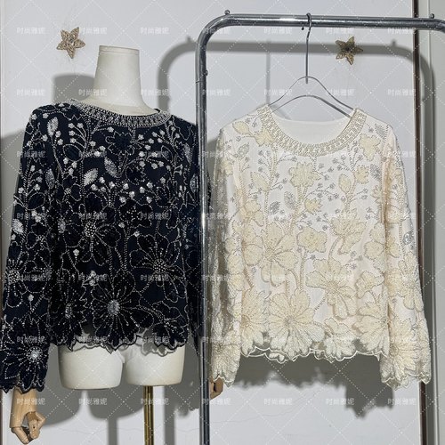 时尚雅妮重工亮片花朵毛绒上衣珍珠钉珠长袖气质小众修身显瘦上衣