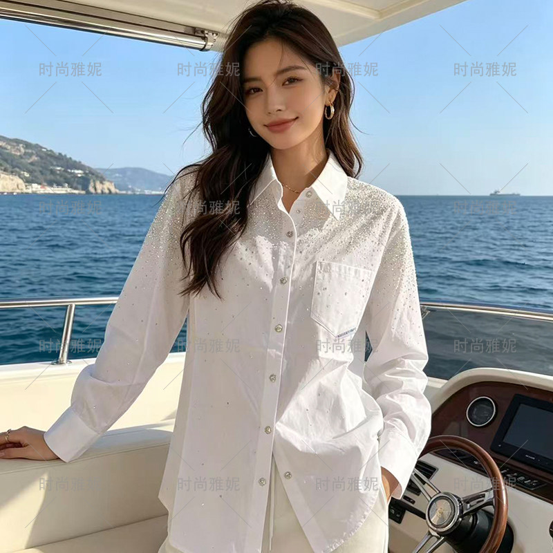 时尚雅妮法式温柔风白色粘钻长袖衬衫女宽松百搭气质显瘦潮流上衣