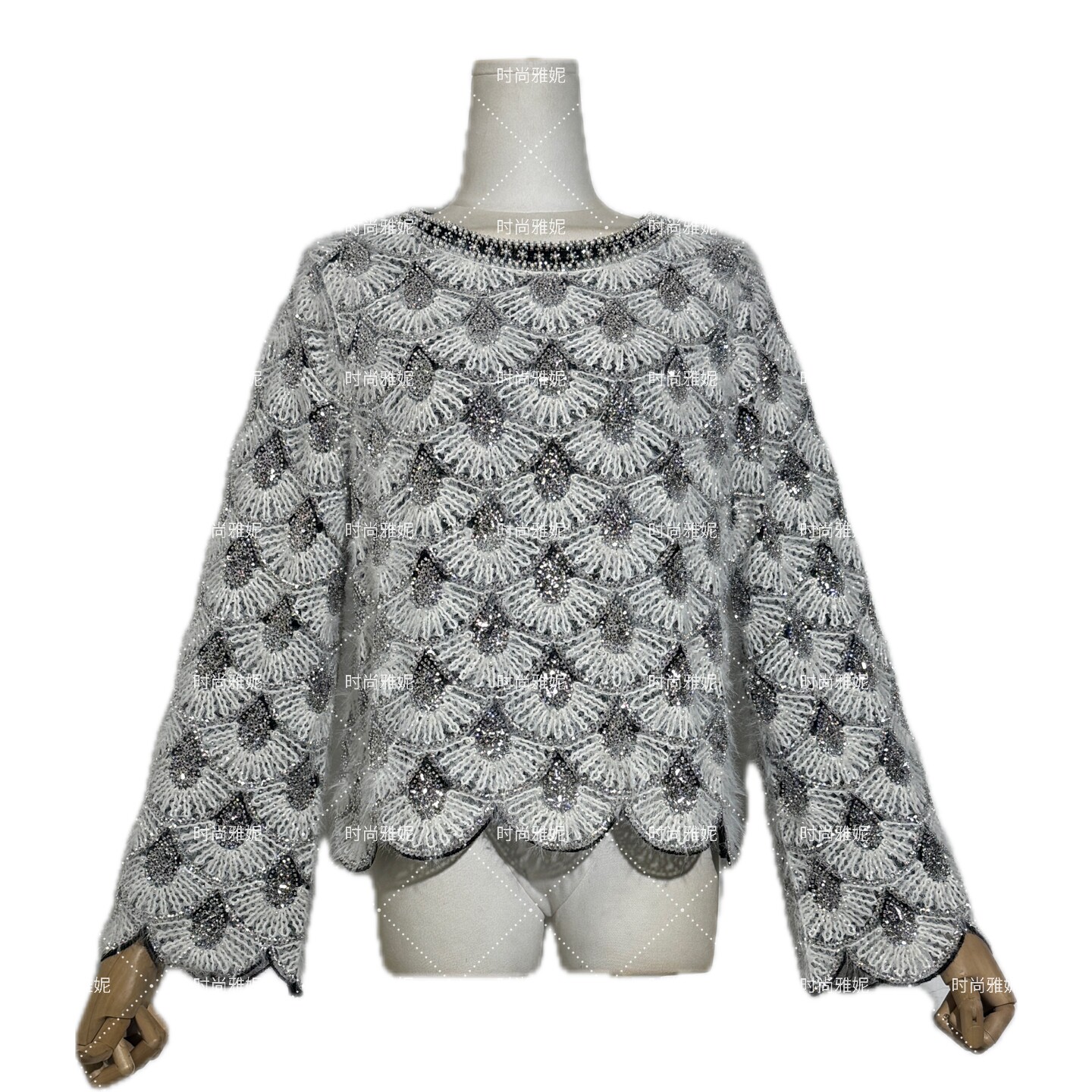 时尚雅妮美人鱼鳞片纹圆领长袖百搭珍珠钉珠亮片设计感网红上衣潮,女装/女士精品,蕾丝衫/雪纺衫,淘宝优惠券,粉丝福利购,淘宝优惠卷