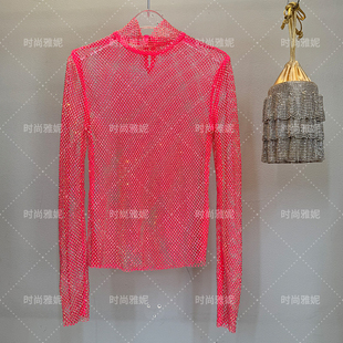 时尚雅妮欧洲站名媛风透视镂空网纱修身显瘦打底衫全水钻高领上衣