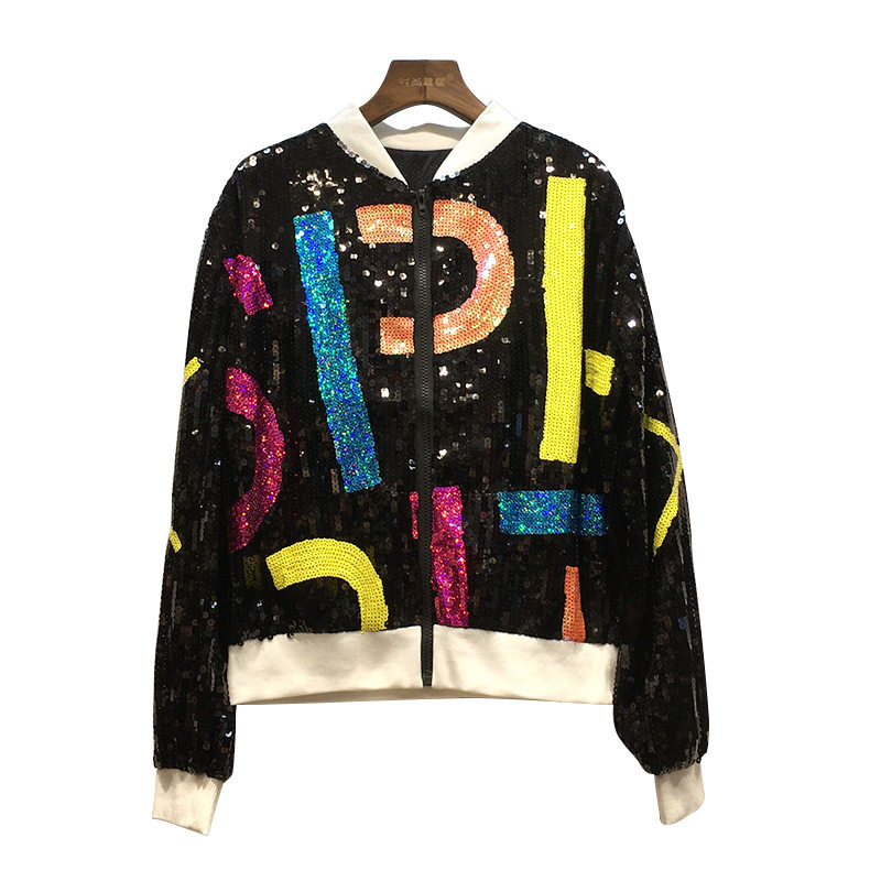 时尚雅妮新款欧美潮牌女装棒球服亮片彩色字母长袖宽松外套演出服