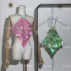 时尚雅妮欧美重工贝壳亮片挂脖吊带背心女性感露背身体链演出服