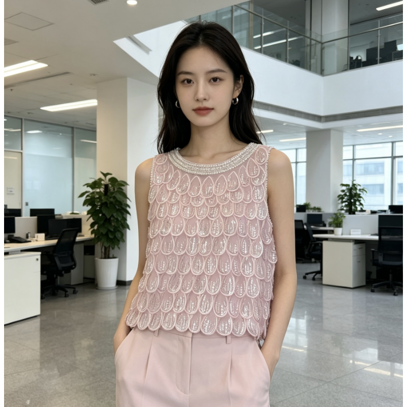 时尚雅妮重工亮片钉珠珍珠花朵背心女百搭网红潮流舞台表演上衣