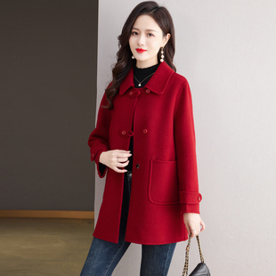 秋冬羊毛呢子外套 2025新款 红色小个子妈妈款 双面羊绒大衣女中长款