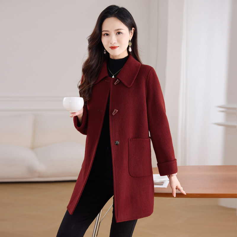 酒红色中年妈妈装减龄双面羊绒大衣女2024年新款秋冬季羊毛呢外套