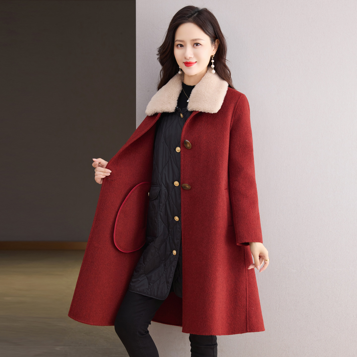 加驼绒内胆高端对面呢羊绒大衣女