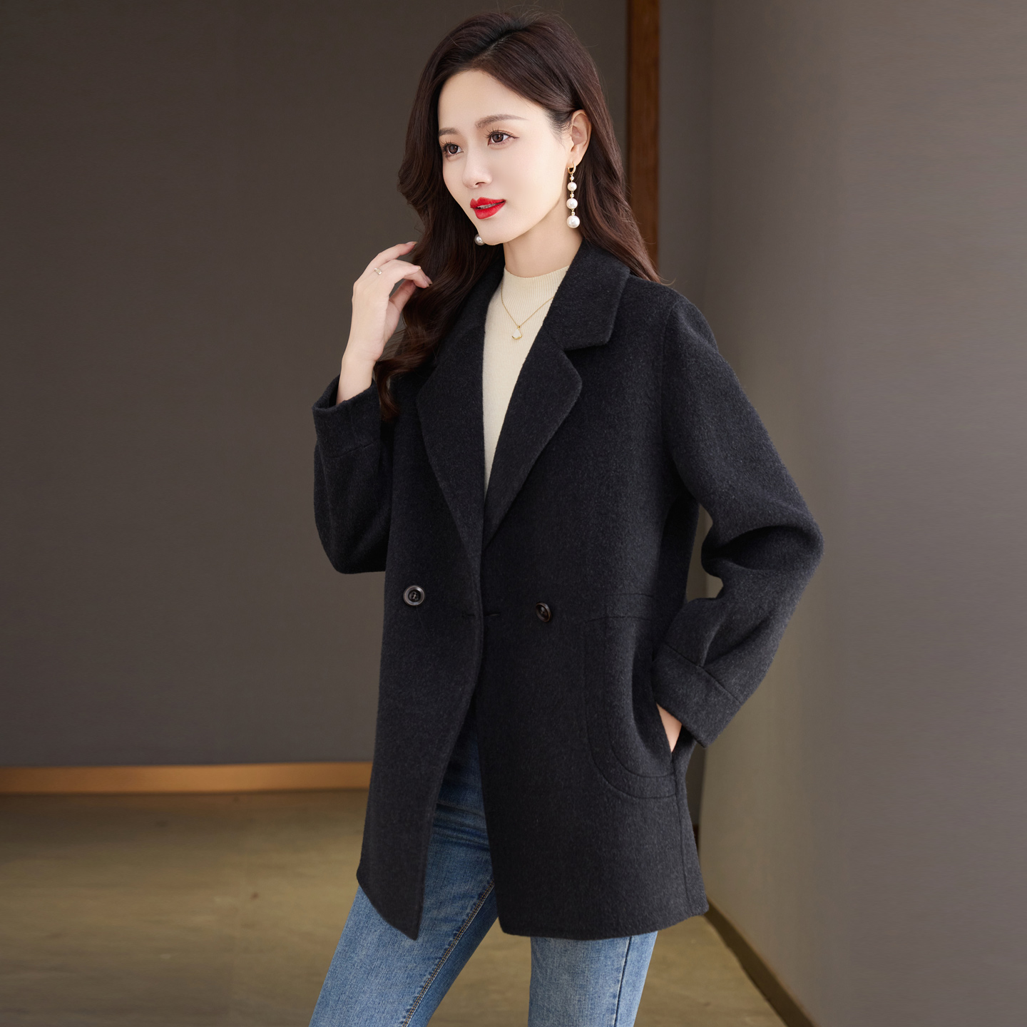 黑色小西装中长款双面呢羊绒大衣女2025年新款小个子羊毛呢子外套