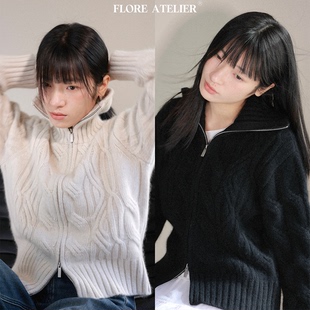 FLOREATELIER绵羊毛山羊绒纯色麻花翻领加厚加高双拉链外套上衣