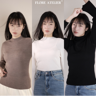 FLOREATELIER100精纺羊毛可机洗高领竖坑打底修身显瘦保暖内搭