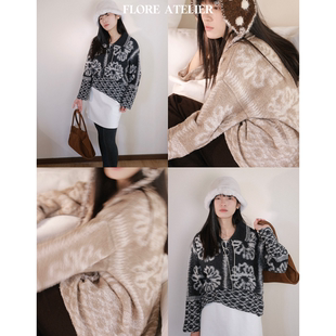 FLOREATELIER复古羊毛羊绒毛巾绣系带毛衣宽松慵懒显瘦太阳花上衣