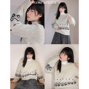FLOREATELIER绵羊毛山羊绒复古提花针织衣软糯宽松圆领套头毛衣